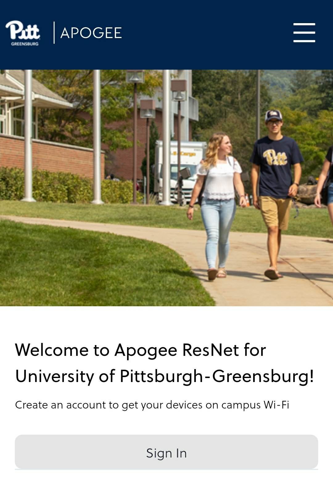 Screenshot of Apogee app reading "Welcome to Apogee ResNet for University of Pittsburgh-Greensburg! Create an account to get your devices on campus Wi-Fi. Sign In"